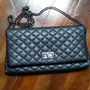 Black Quilted Chain Crossbody with Leopard Print